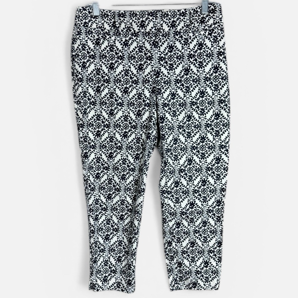 LOFT Julie Pants Petite 4P Black Ivory Geometric Cropped‎ Ankle Stretch Work